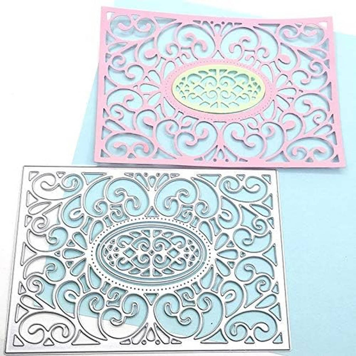 Pink and blue cards with oval lace flower frame cutouts from metal cutting die