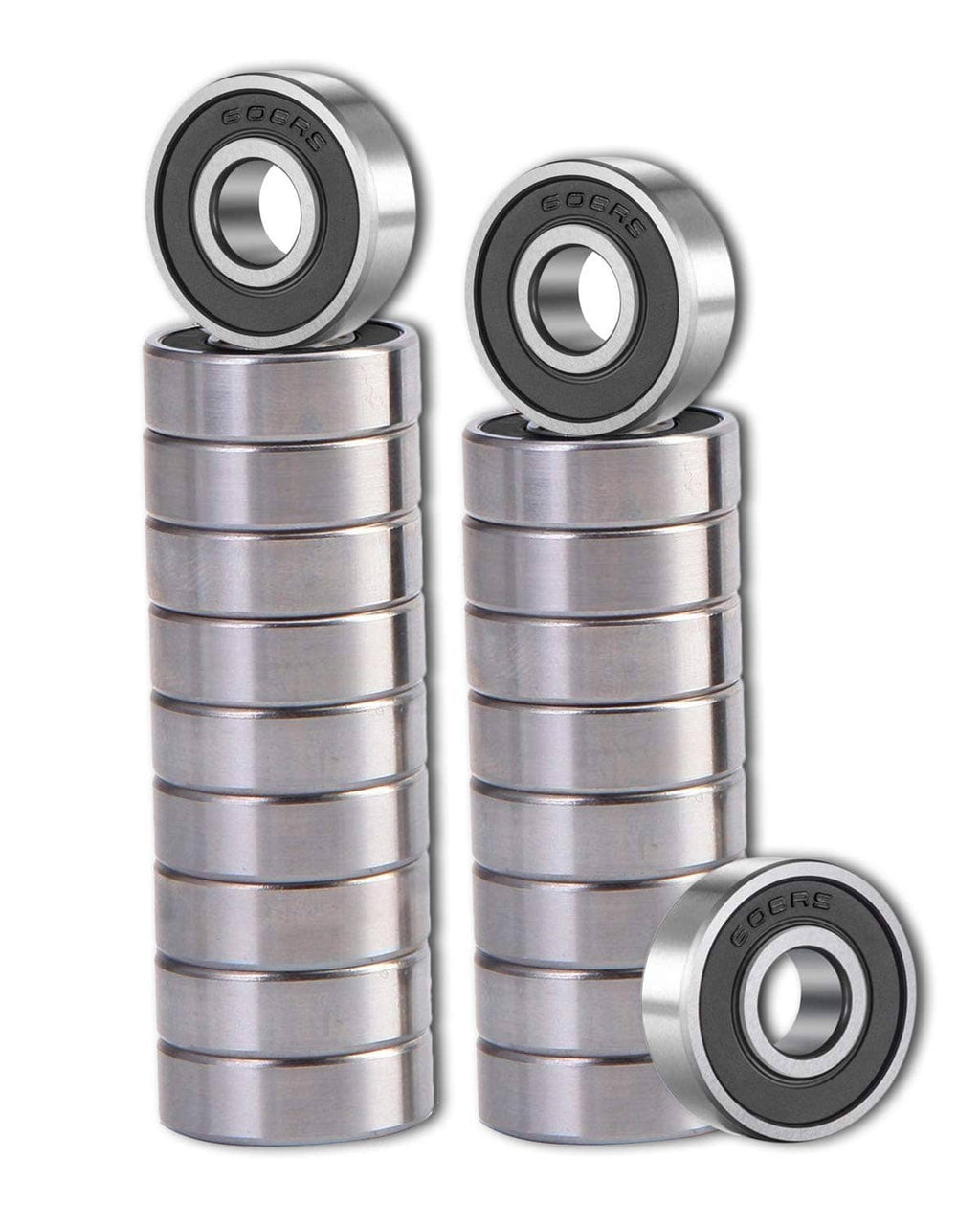 Stack of 608 2RS ball bearings with double rubber seals and steel housings