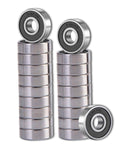 Stack of 608 2RS ball bearings with double rubber seals and steel housings
