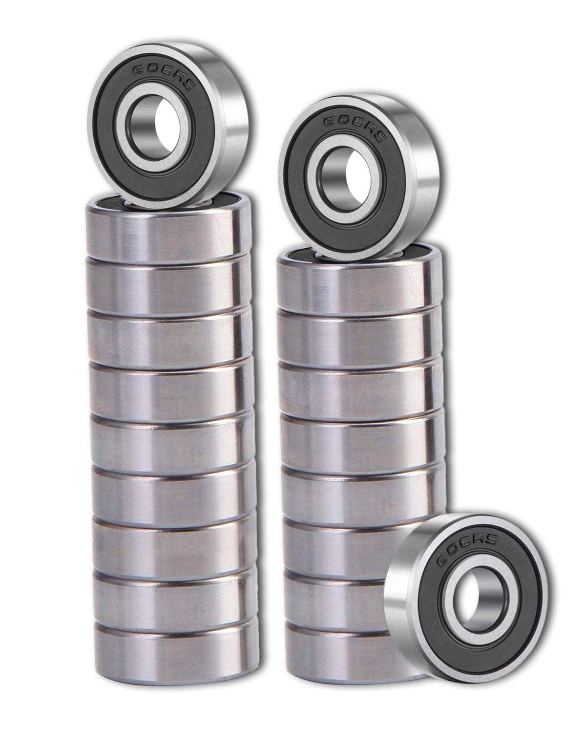 Stack of 608 2RS ball bearings with double rubber seals and steel housings