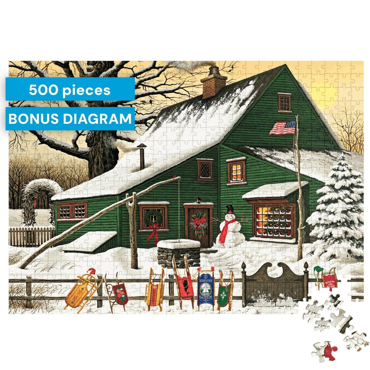 Jigsaw puzzle box front with snowy cabin artwork and a few loose puzzle pieces