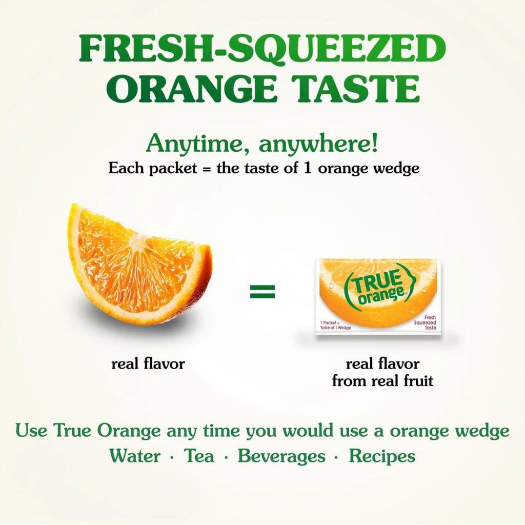 True Orange water enhancer 'Fresh-squeezed orange taste' graphic with packet and orange slice