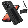 Black phone case with carbon-fiber texture, raised camera cutout, and grip edges