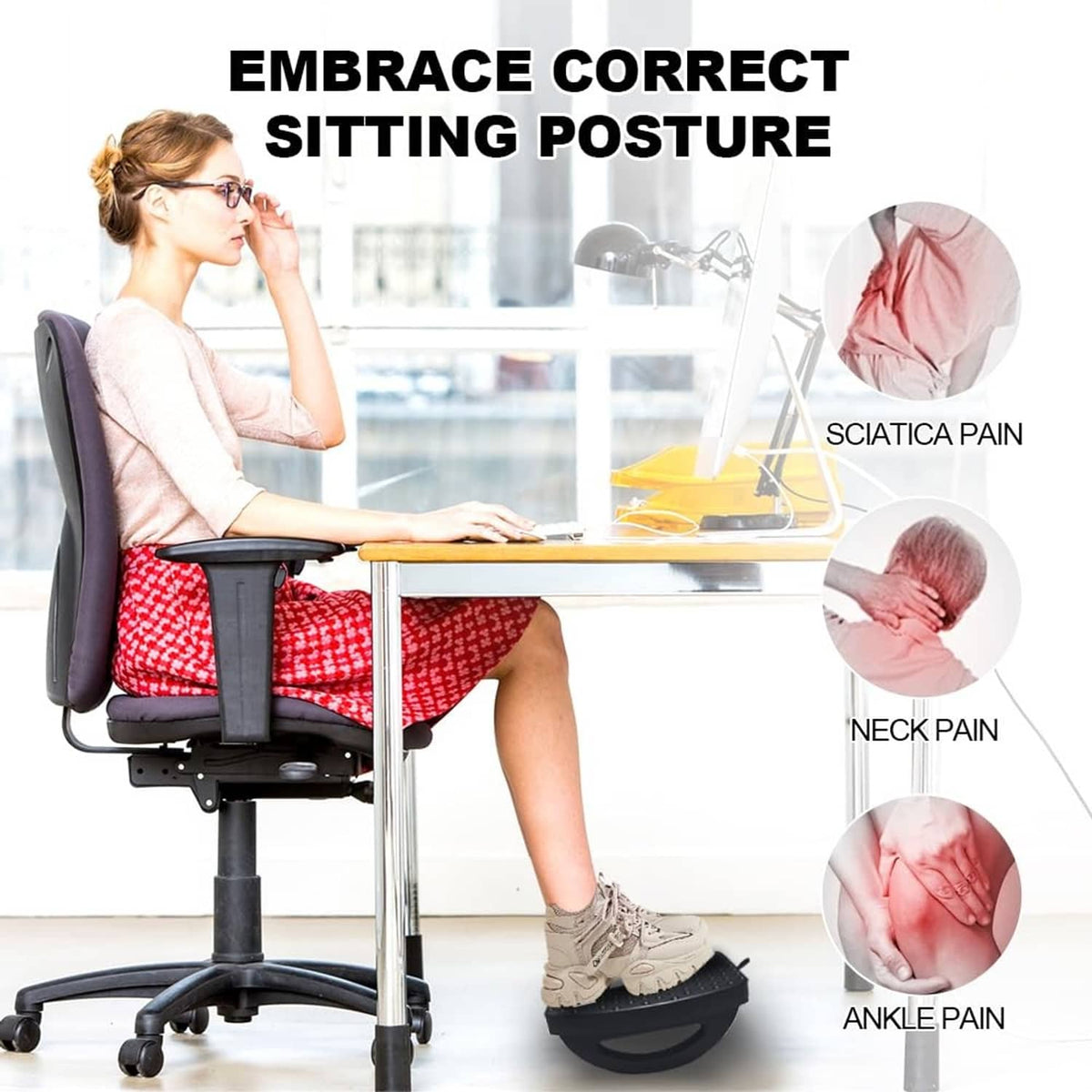 Black under-desk footrest supporting feet for improved sitting posture