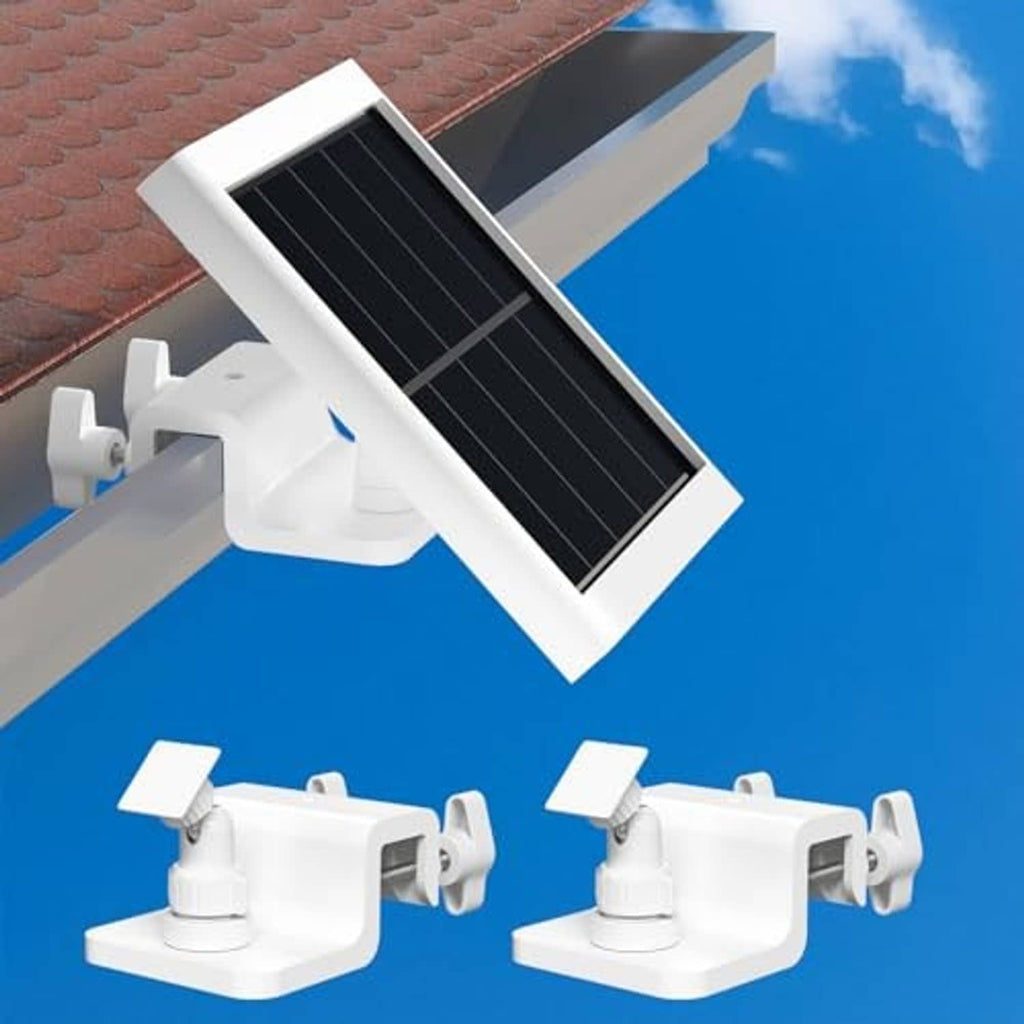 Two white solar panel gutter mounts with adjustable bracket arms
