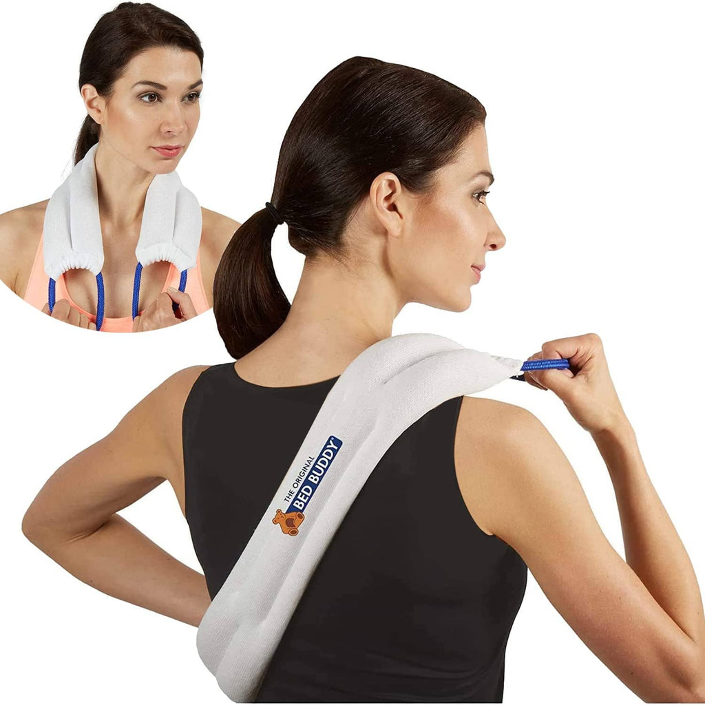 White neck wrap with blue cords worn around the back of the neck