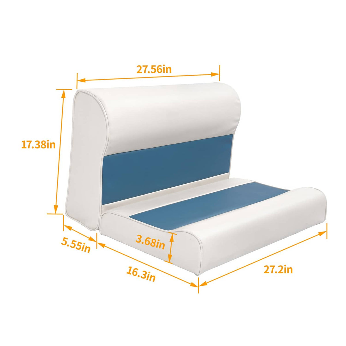 Two-piece pontoon bench seat cushion set with white cushions and navy blue stripe