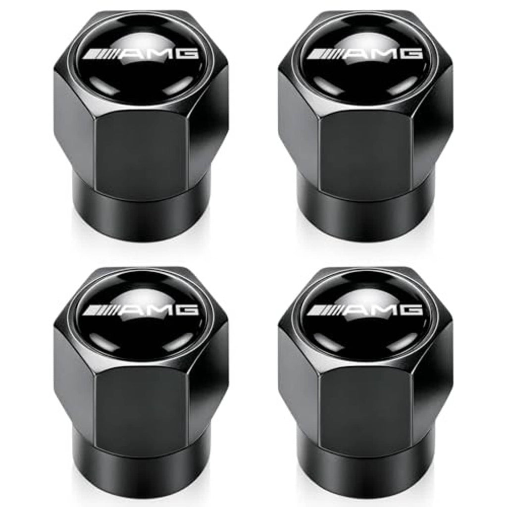 Set of black metal tire valve stem caps with AMG logo, shown from front angles