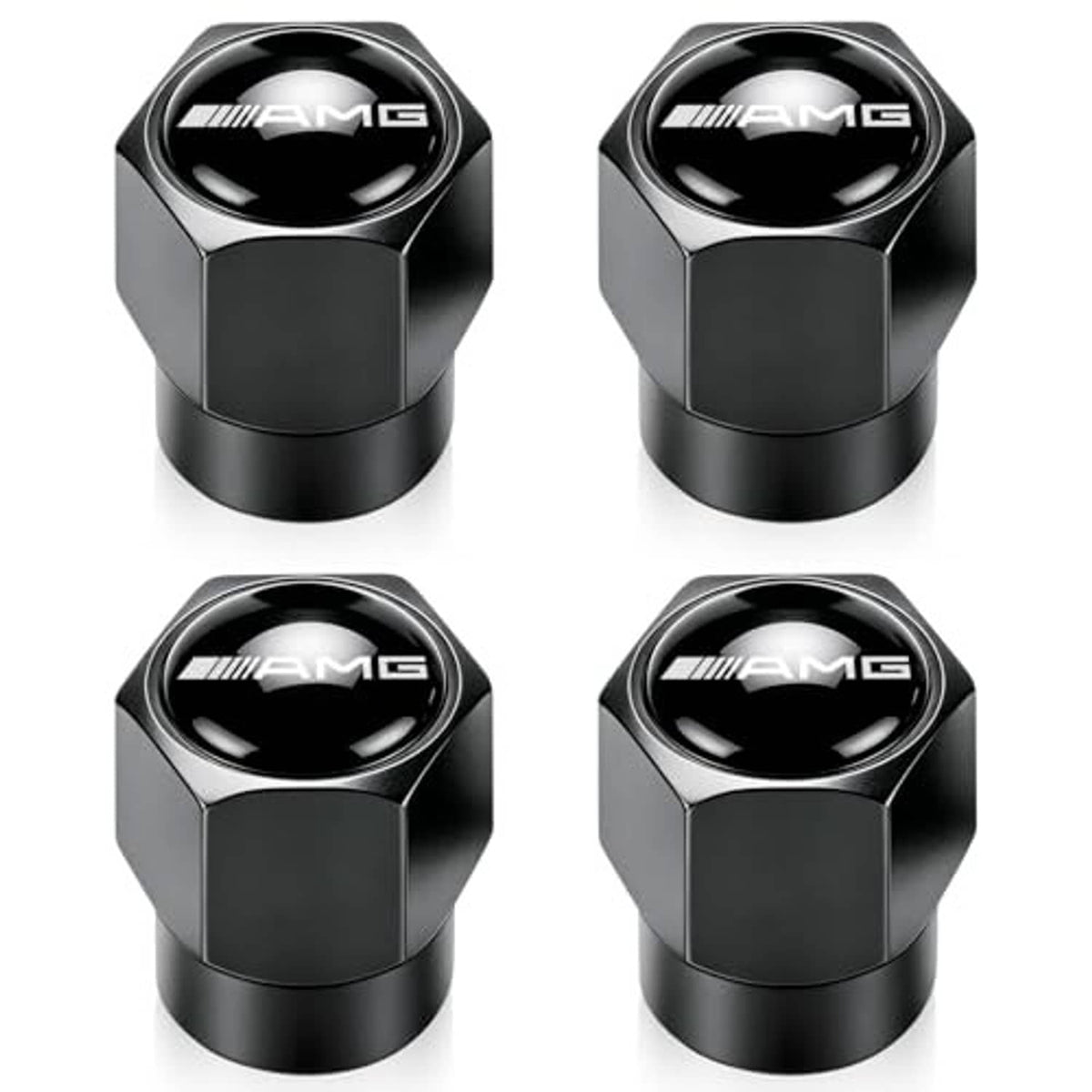 Set of black metal tire valve stem caps with AMG logo, shown from front angles