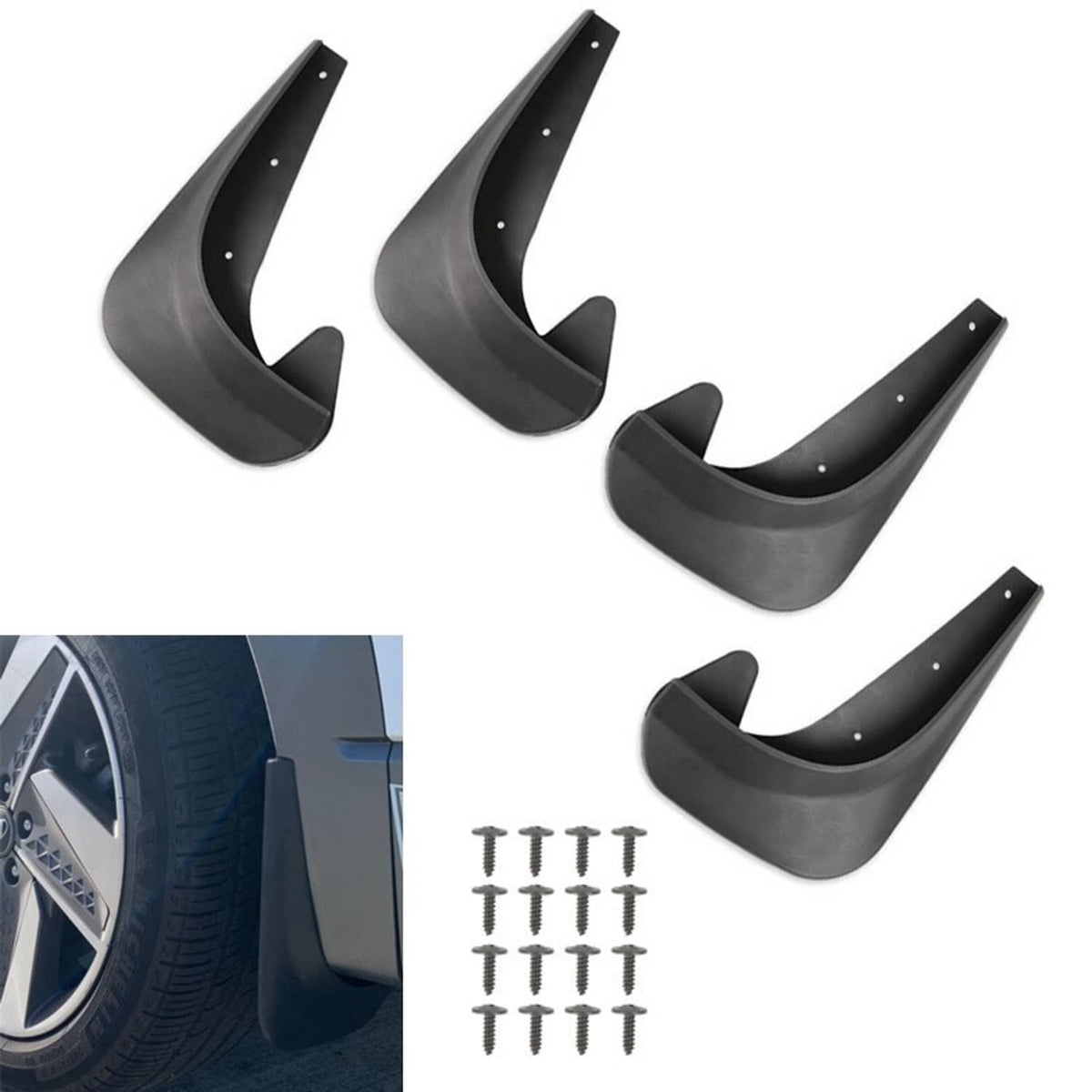 3-piece set of black mud flaps/mudguards with mounting holes and included screws