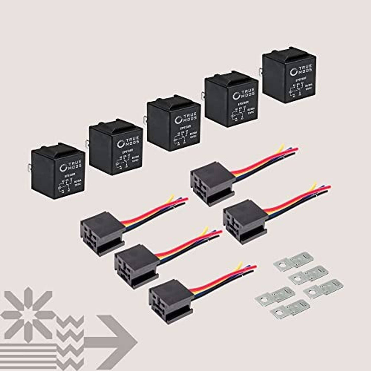 5-pack Bosch-style 5-pin relay kit with harness plugs and mounting brackets