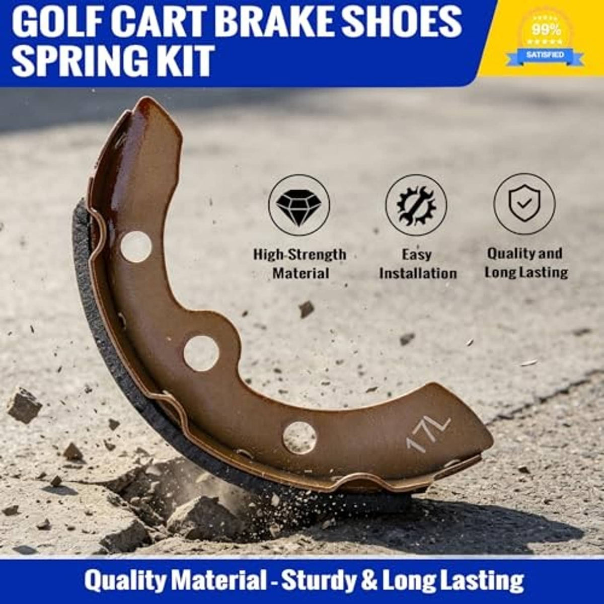 Single brown golf cart brake shoe pad with circular mounting holes and curved lining