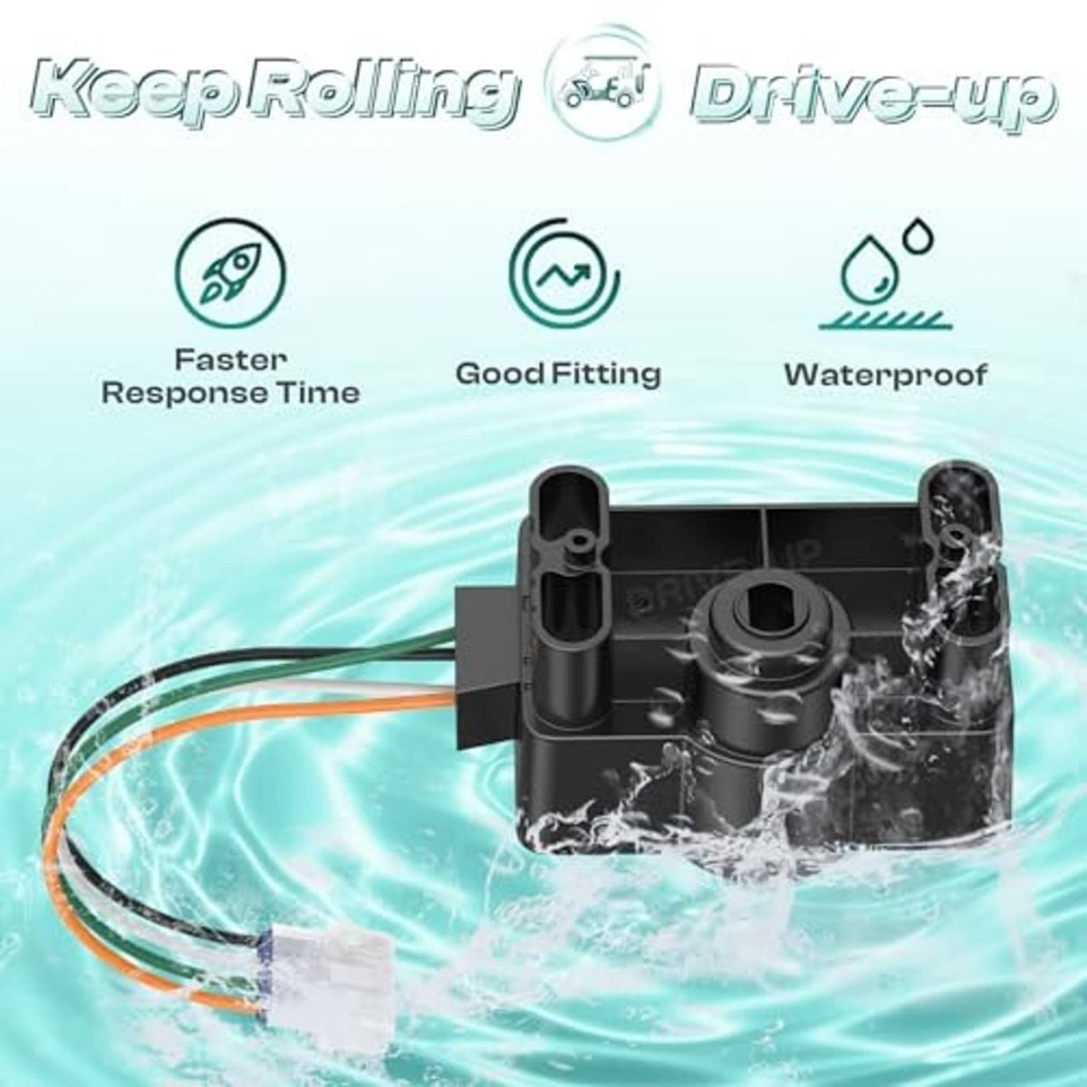 Black accelerator input sensor module with wire harness shown splashed with water