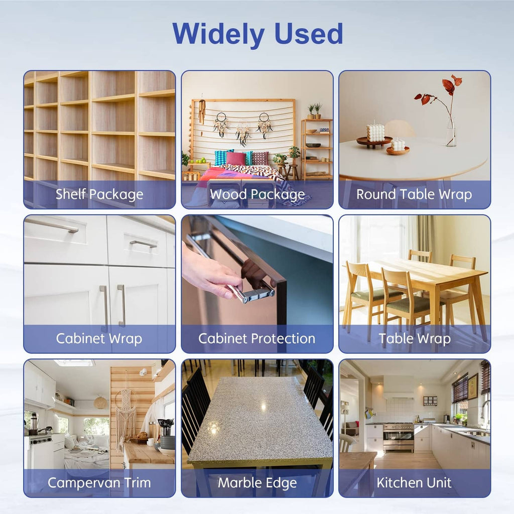 Black U-shape edge banding used along cabinet, shelf, and table edges