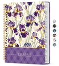 Purple iris floral academic planner with spiral binding and monthly calendar cover