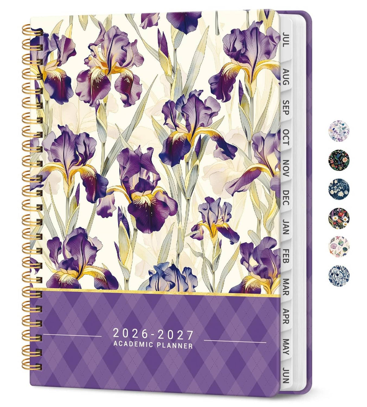 Purple iris floral academic planner with spiral binding and monthly calendar cover