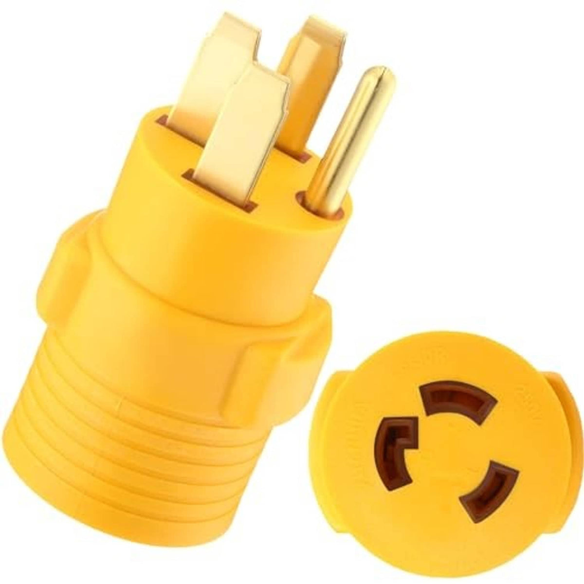 Yellow electrical adapter plug with 4-prong male end and 3-prong female end