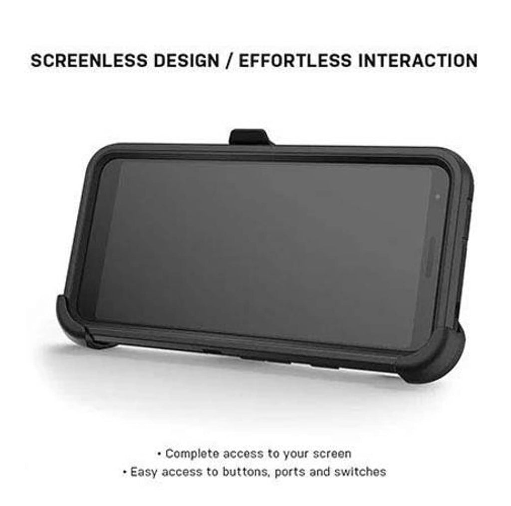 OtterBox Defender Series phone case with front cover open, dark screen window visible