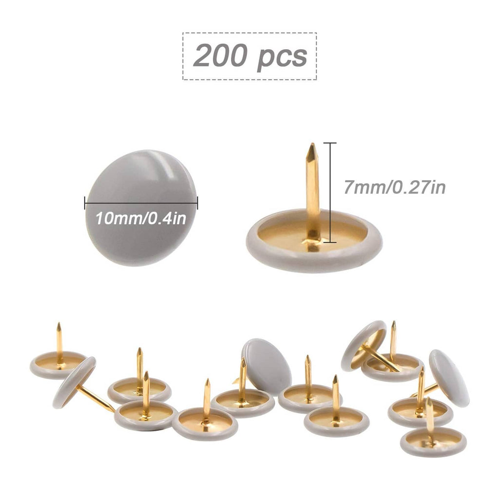 Gray thumbtacks with gold-tone pin, round plastic head; approx. 10mm and 7mm
