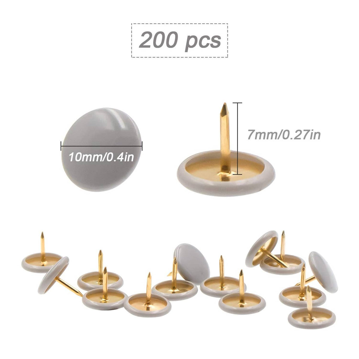 Gray thumbtacks with gold-tone pin, round plastic head; approx. 10mm and 7mm