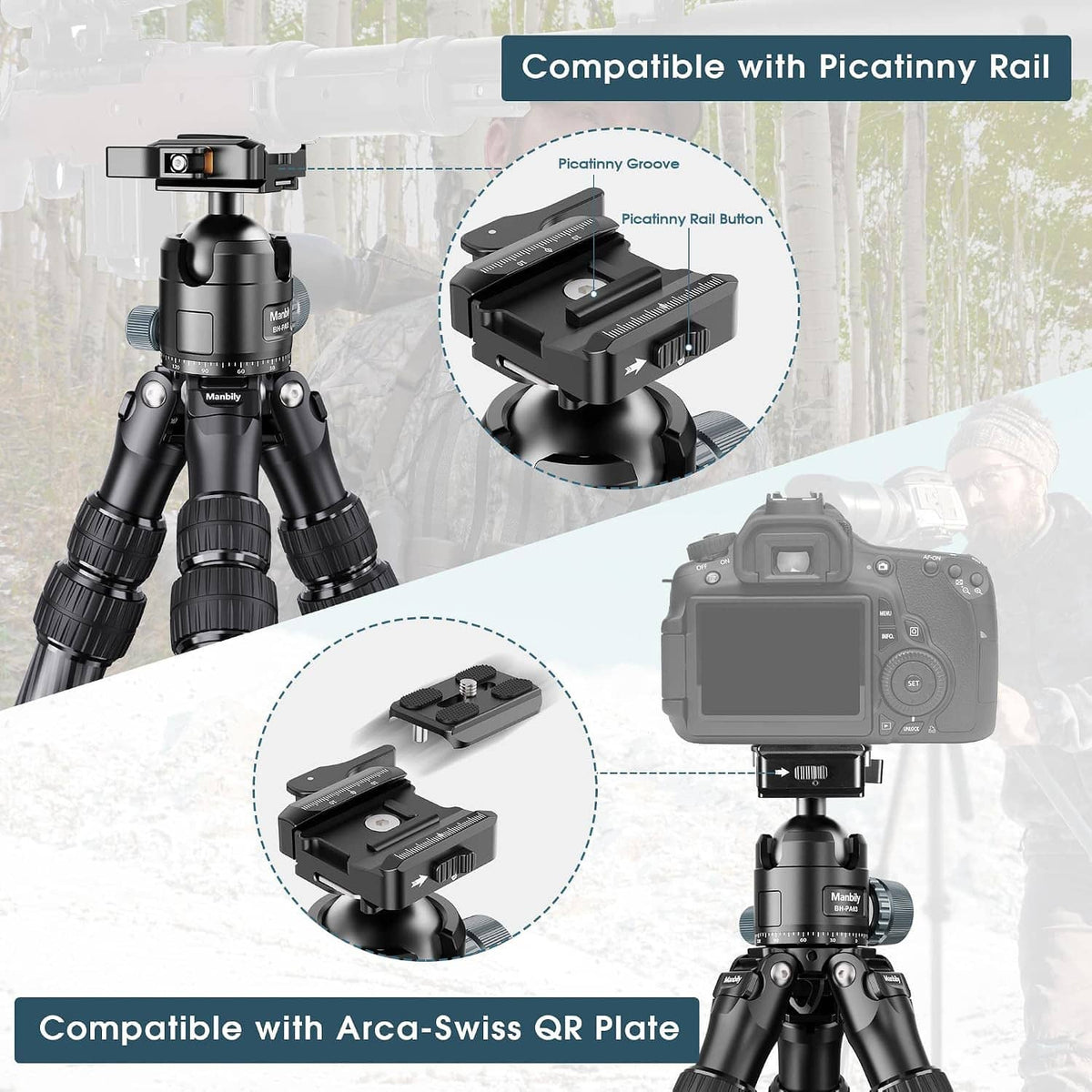 Carbon fiber tripod with ball head and mounting adapters for Picatinny rail and Arca-Swiss QR