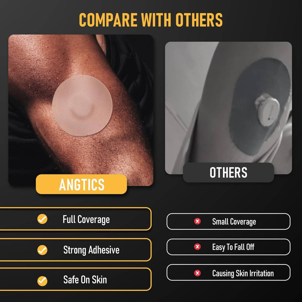 Round skin-tone Dexcom G7 adhesive patch applied to upper arm