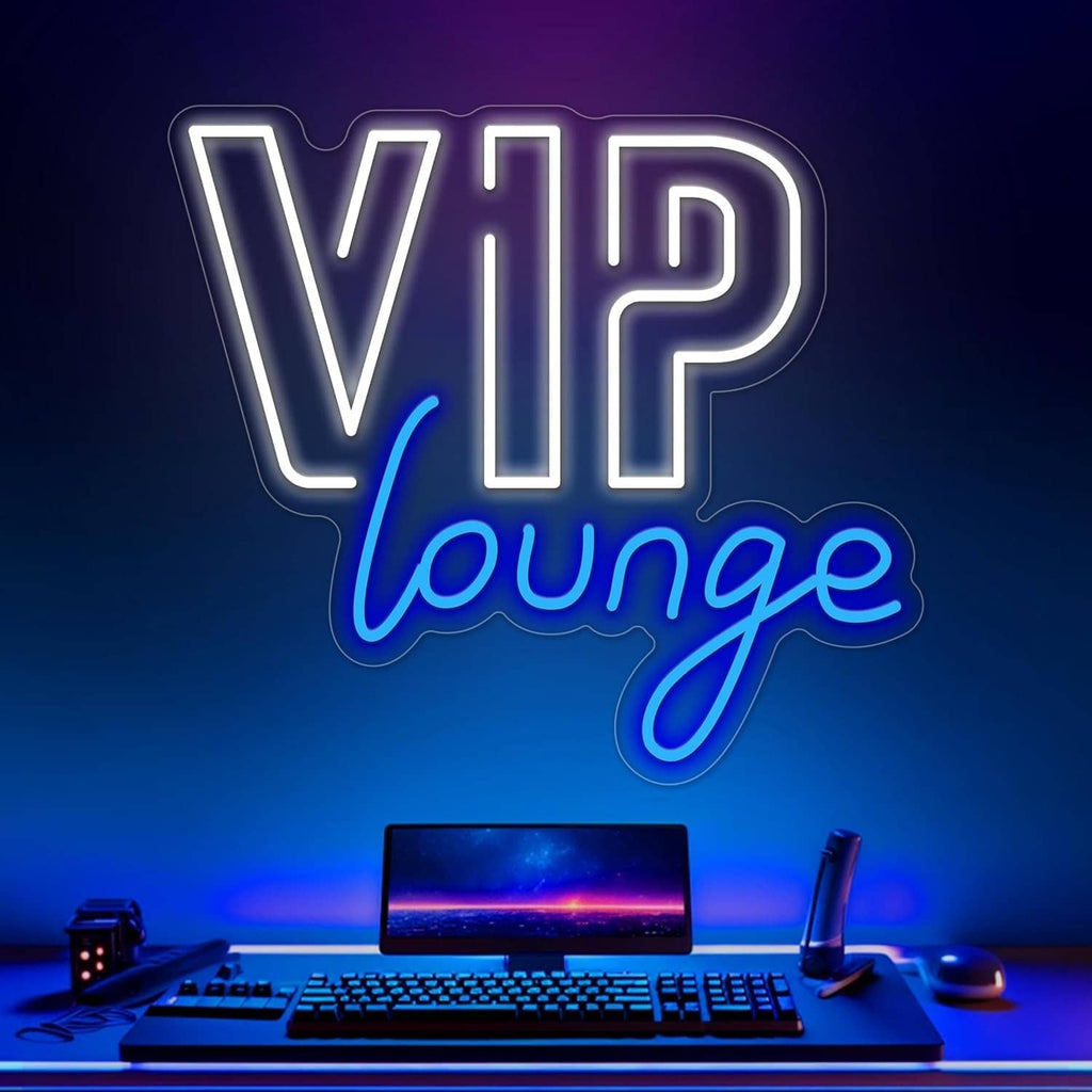 Neon wall sign reading "VIP lounge" with white and blue LED outlines