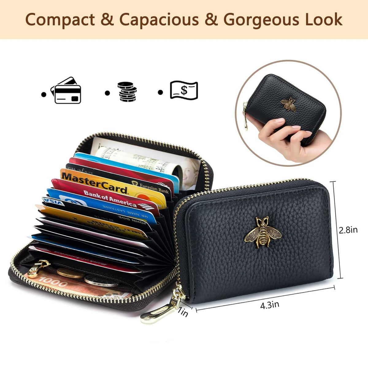 Black leather zipper card wallet open, showing card slots and gold bee badge