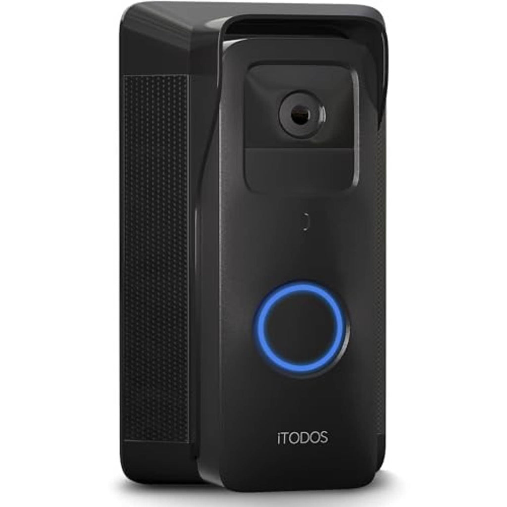 Black solar doorbell charger with blue-ring LED, angled front view