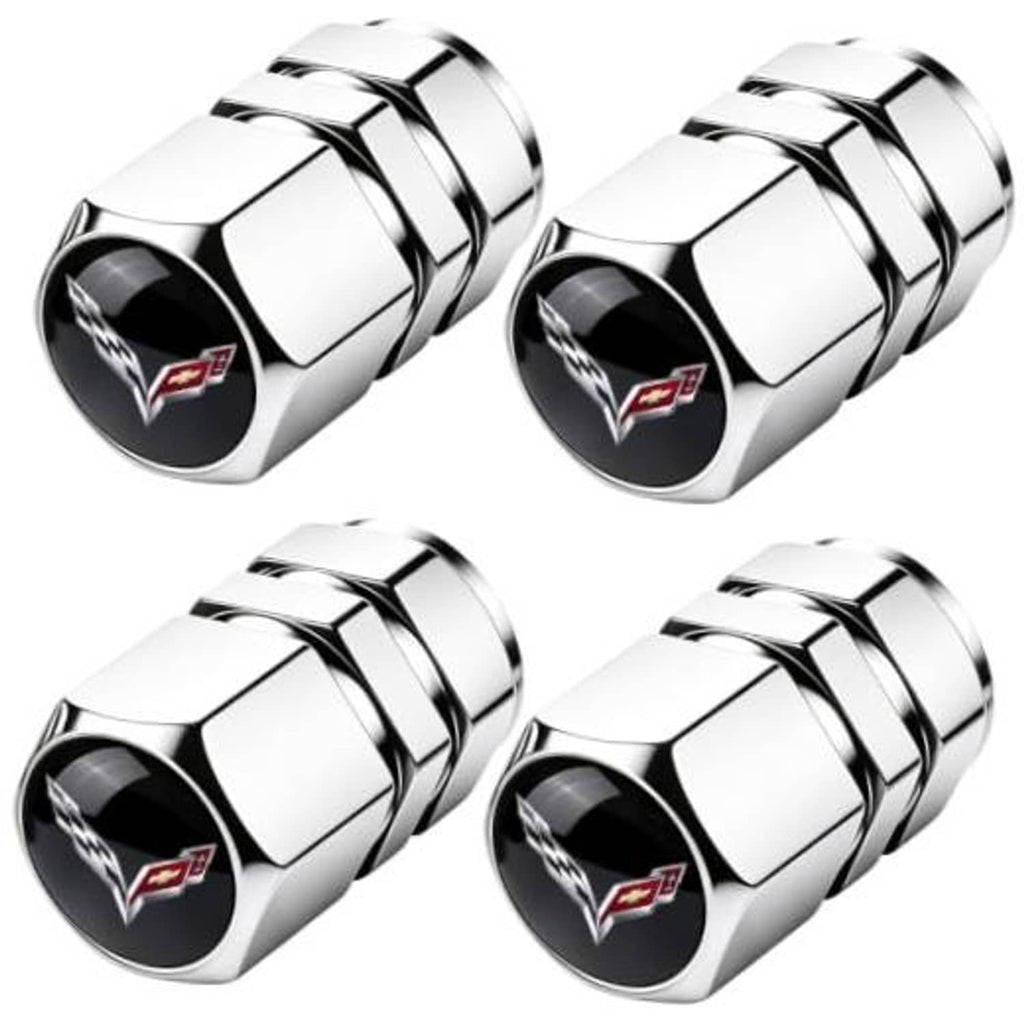 Set of four chrome tire valve stem caps with Corvette-style emblem