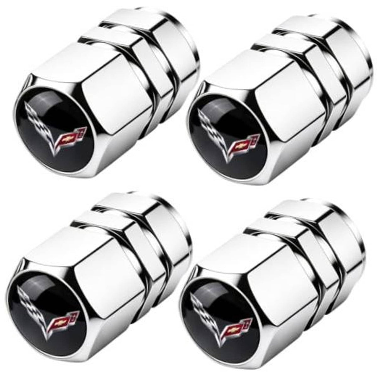 Set of four chrome tire valve stem caps with Corvette-style emblem