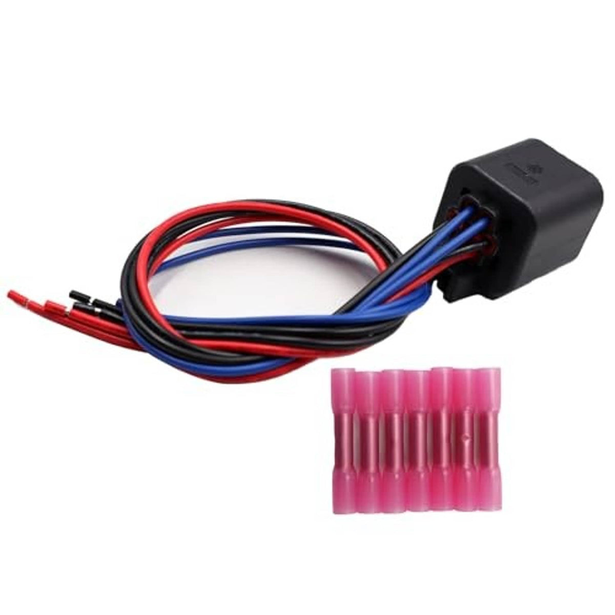 Vehicle headlight connector module with black wire housing, bundled red/blue wires, pink terminals