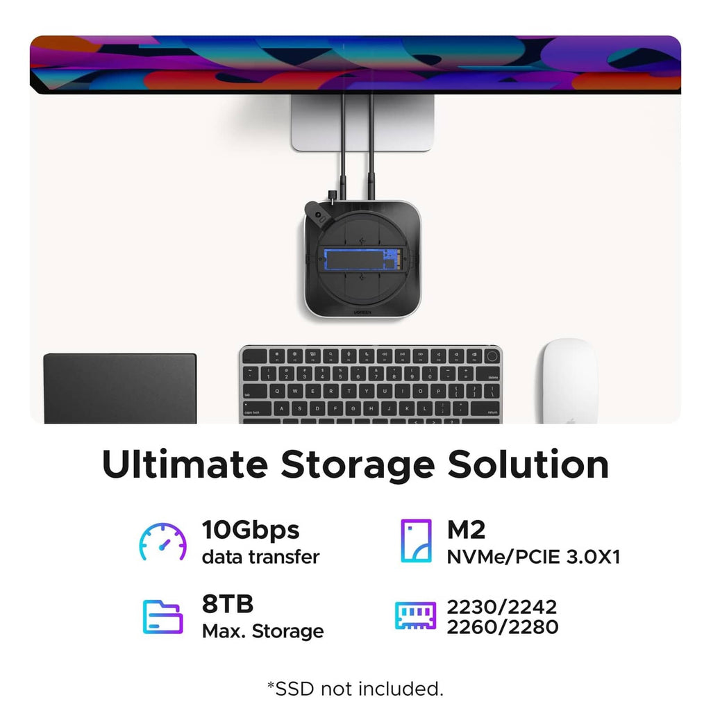 NVMe SSD enclosure, black-and-gray dock with cable connection and small display