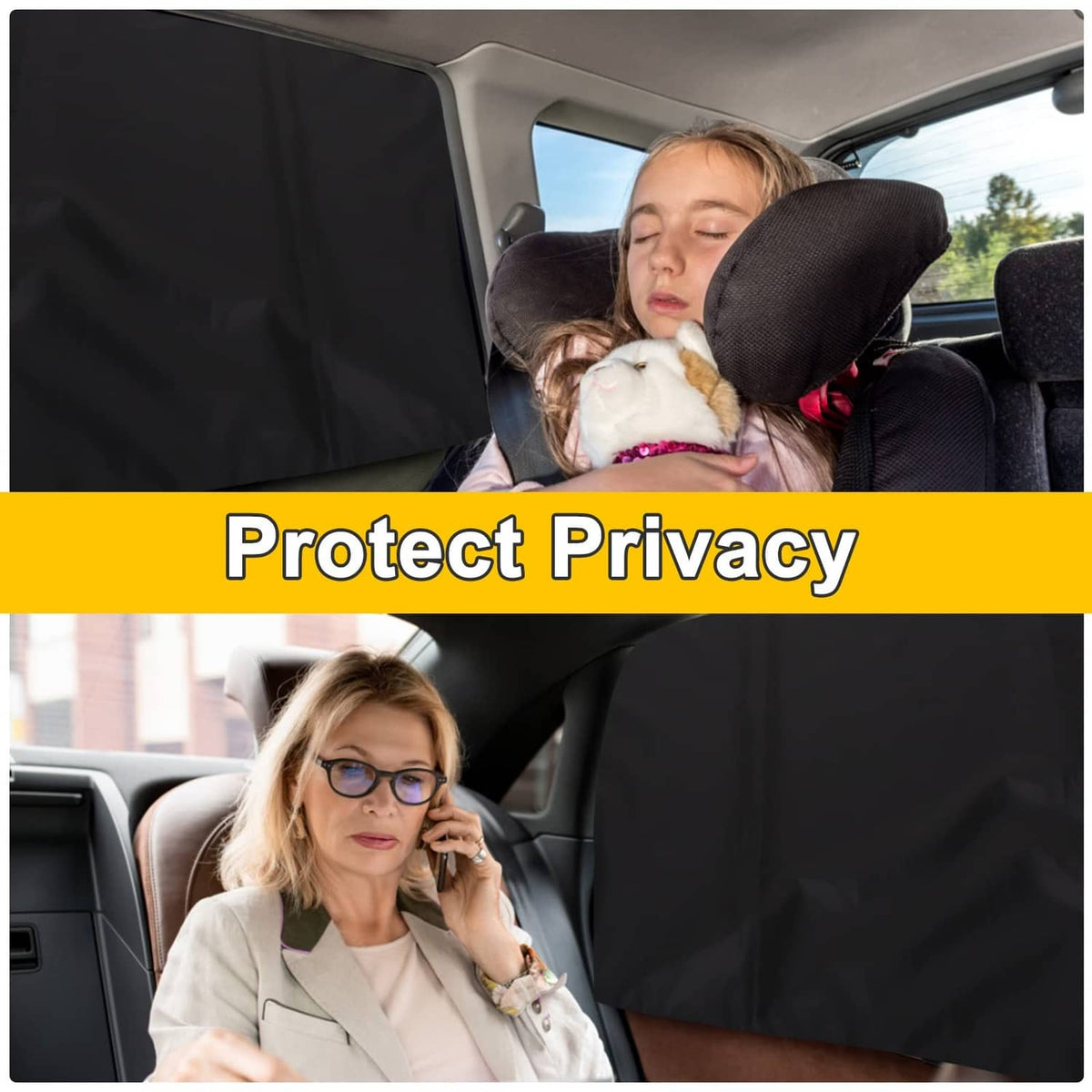 Black side car window shades covering rear door window for privacy