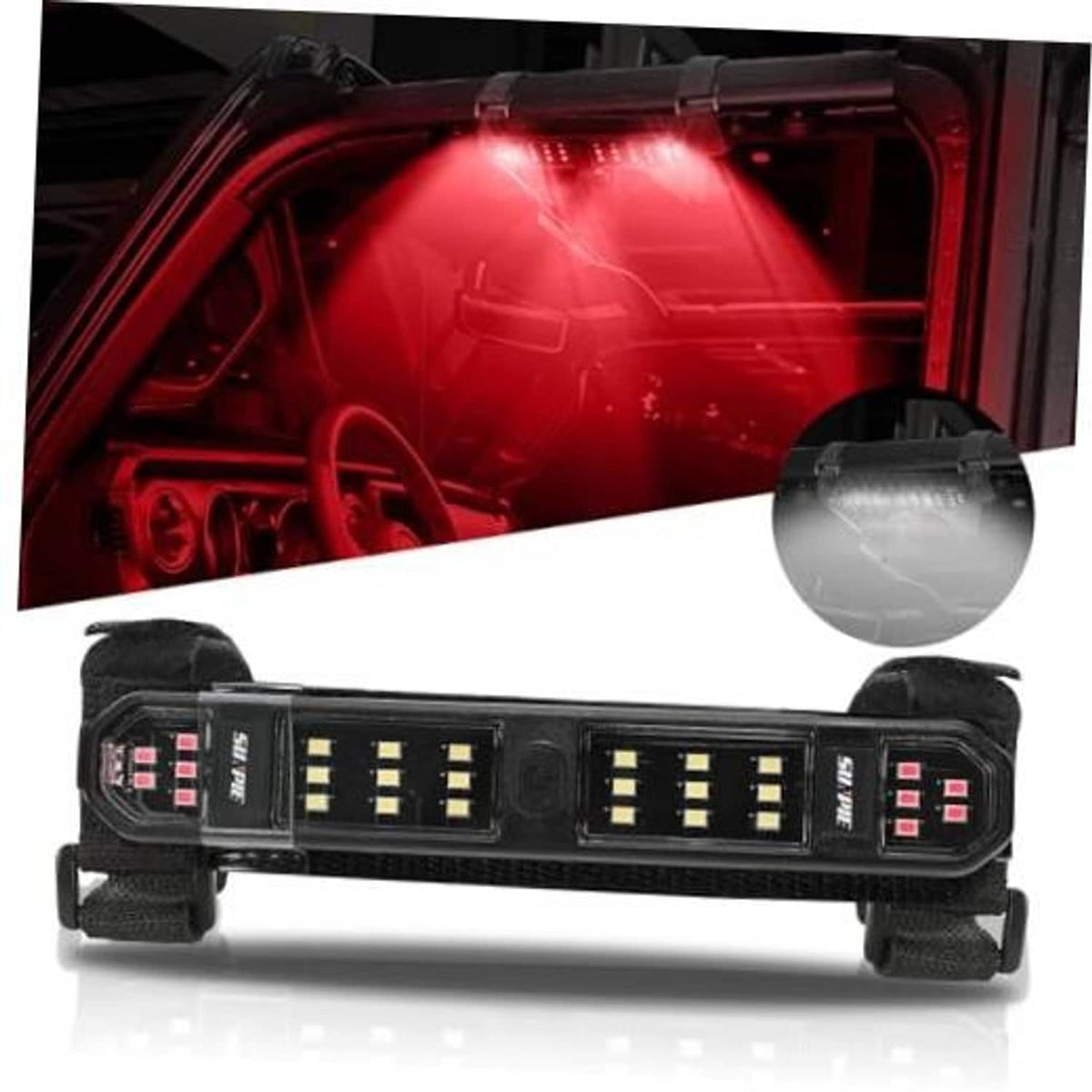 Battery LED light bar with black housing and LED grid, secured with mounting straps