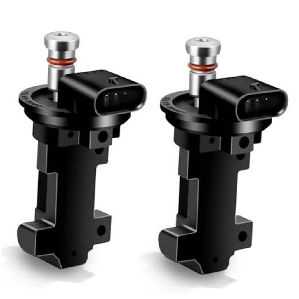 Pair of black camshaft position sensors with silver terminal top and orange rubber seal