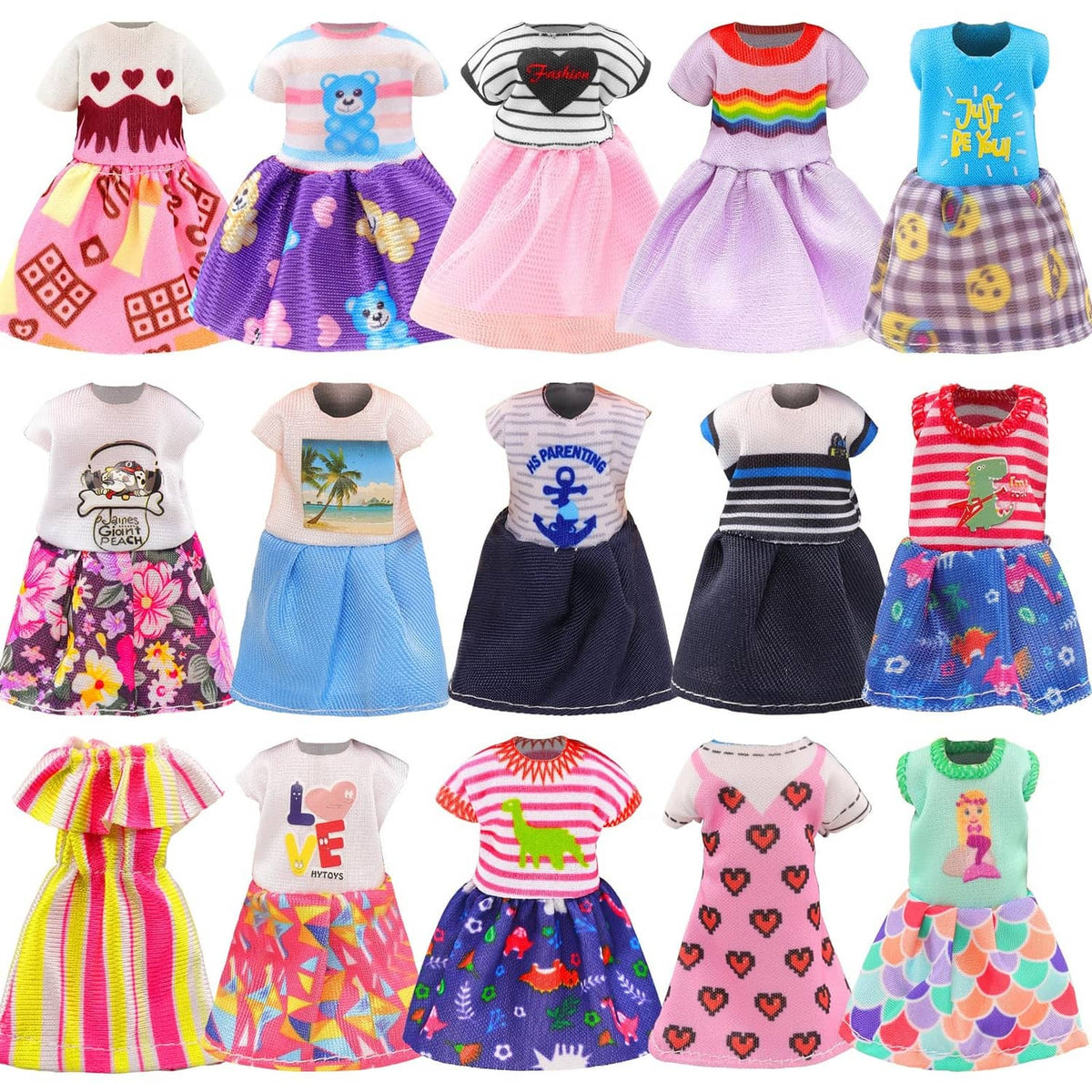 Assorted 6-inch girl doll outfits with patterned dresses and shirts, including stripes