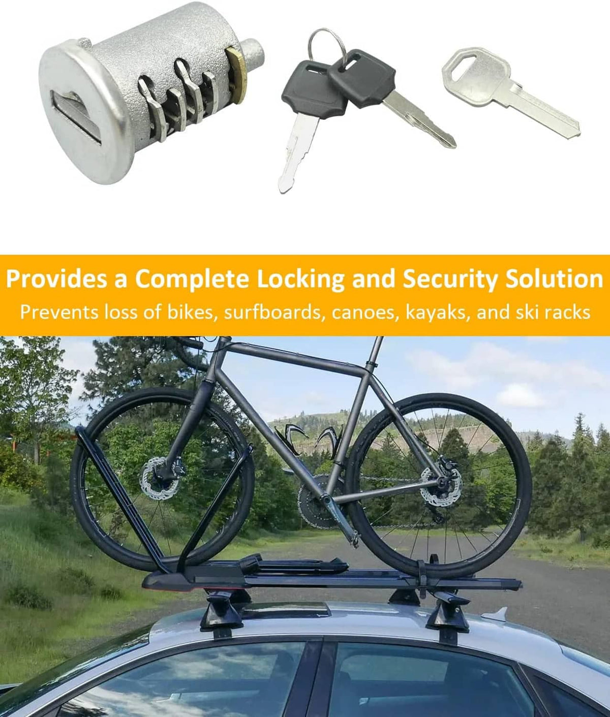 Metal lock cylinder with black key and matching white spare key