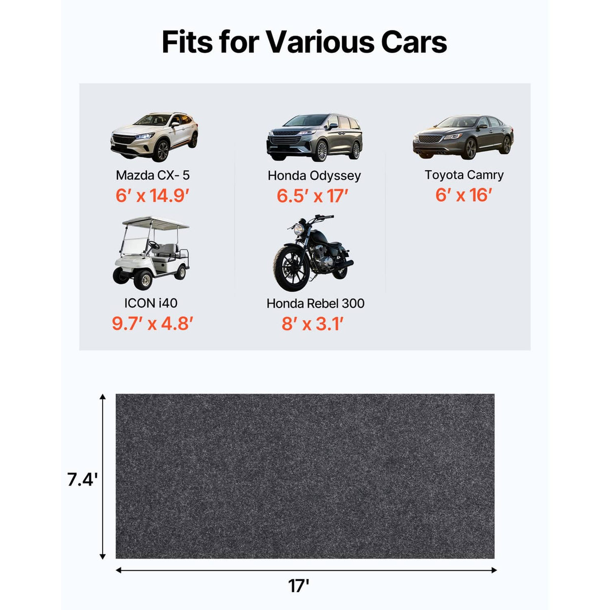 Dark gray oil absorbent mat sized 7.4 x 17 ft, rectangular felt surface