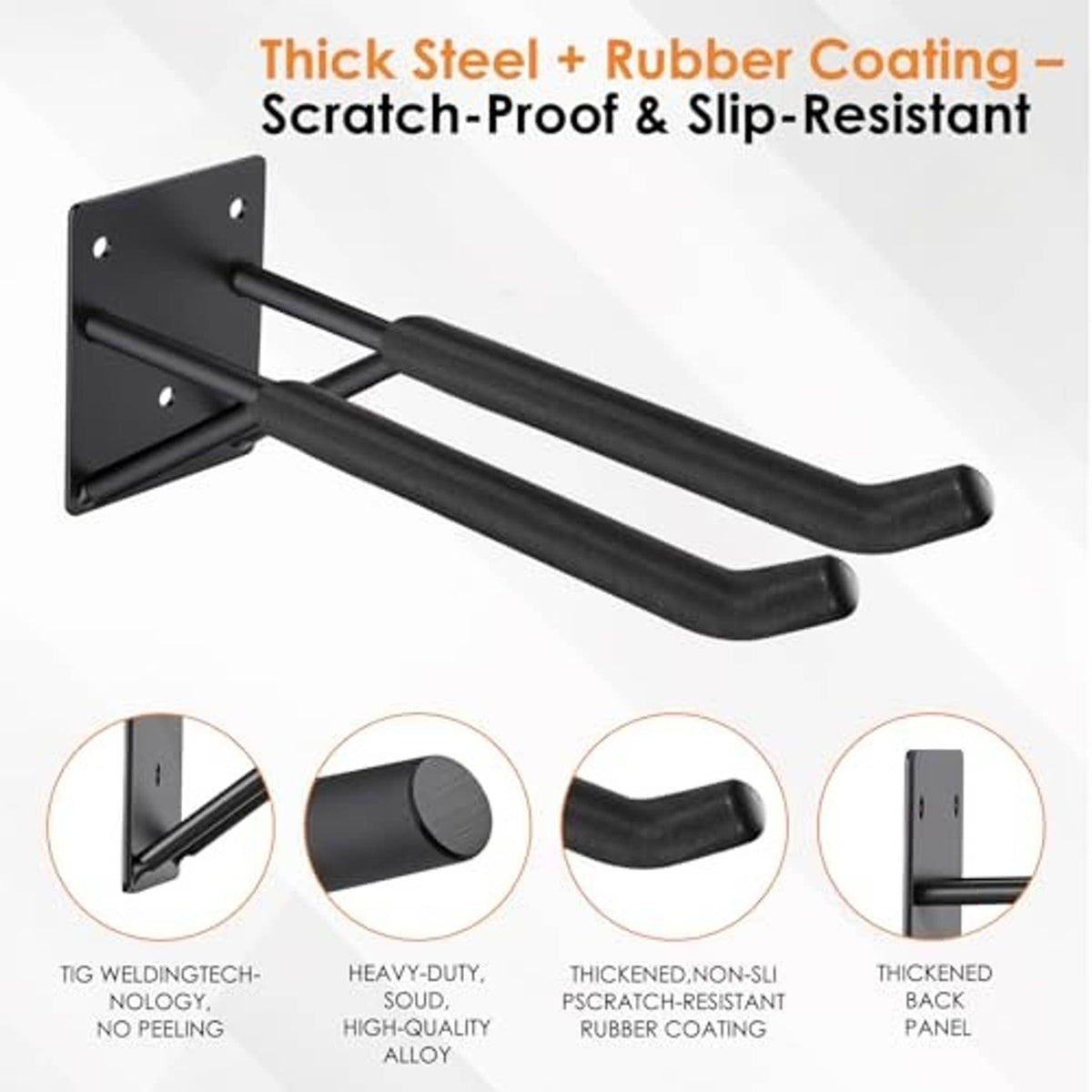 Black double garage hooks with thick rubber coating on U-shaped grips