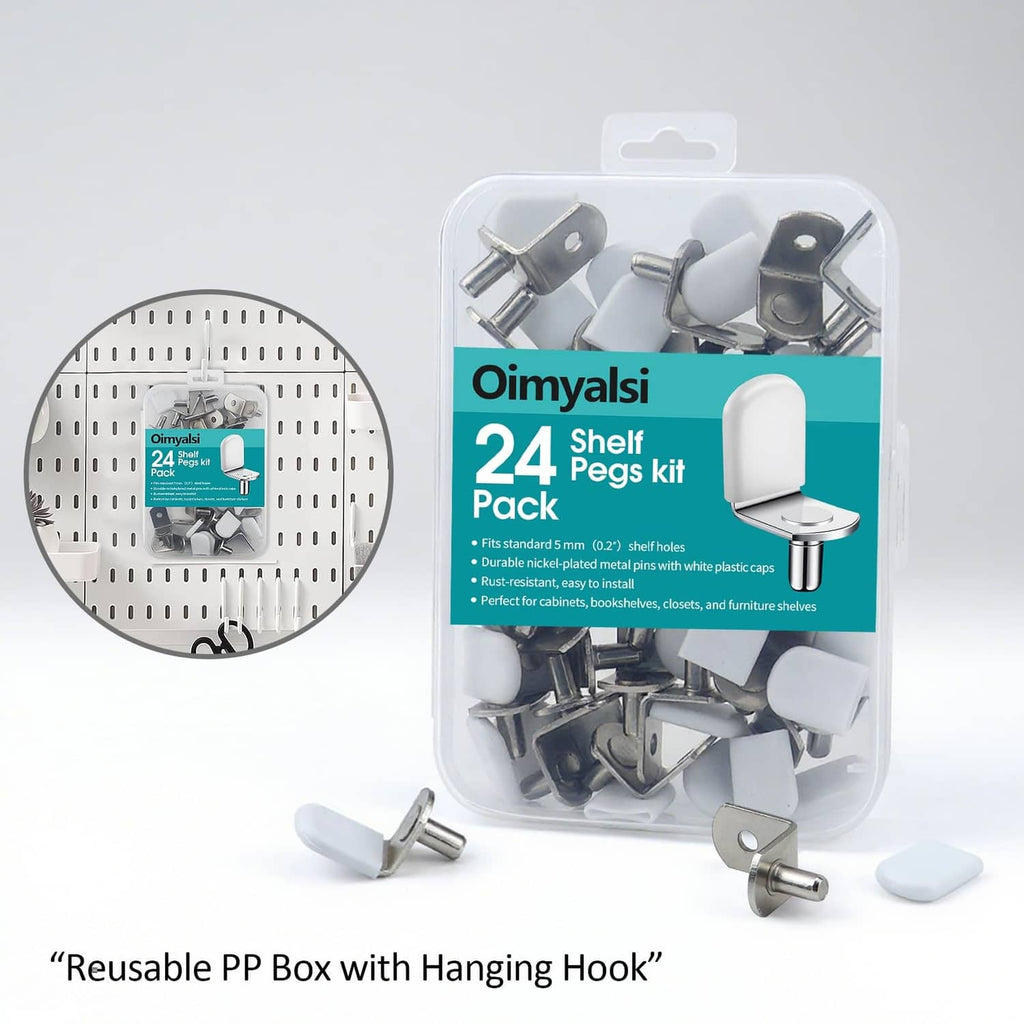 Oimyalsi 24-pack shelf pegs kit with reusable box, white caps, and silver pins