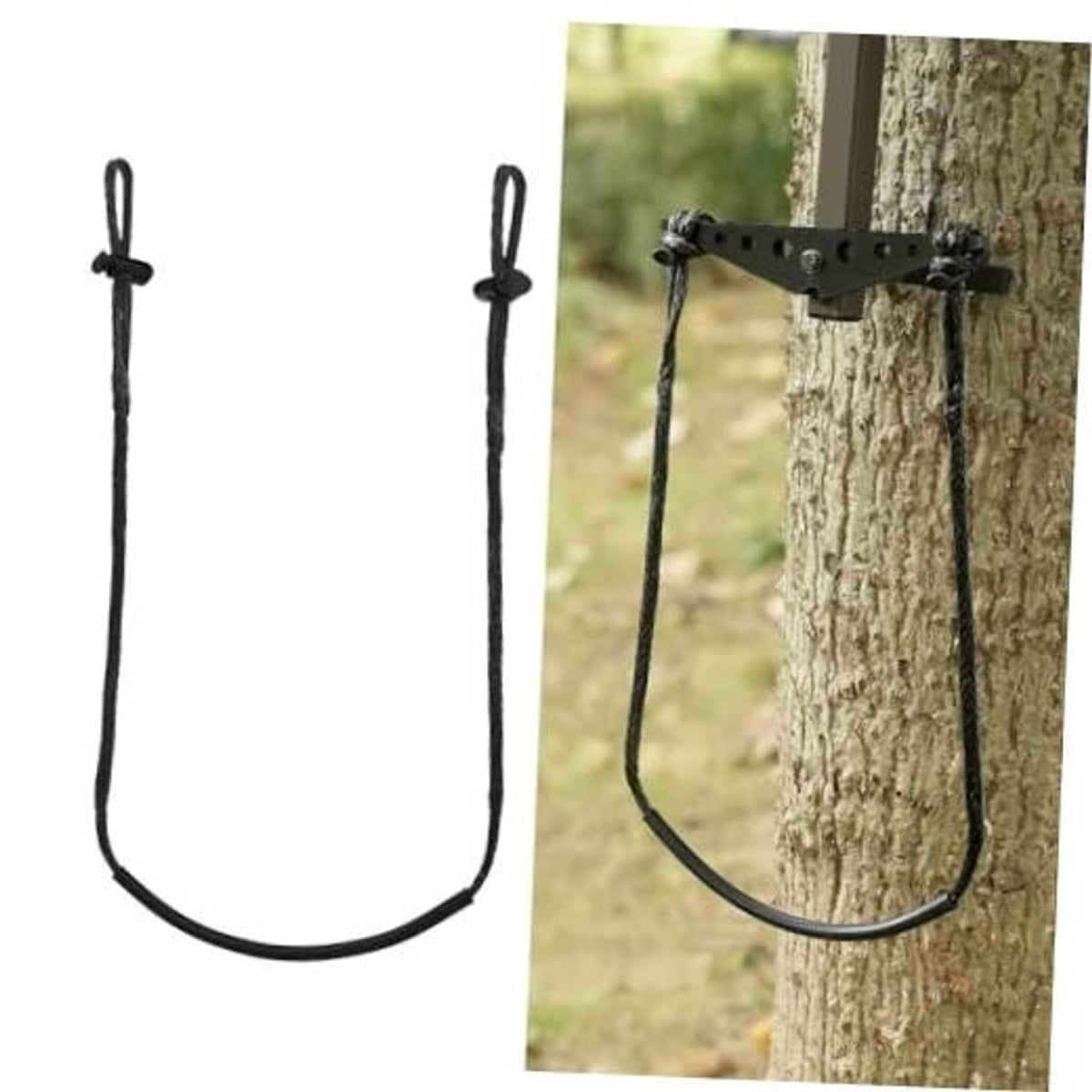 Single step climbing aider rope loop with metal mounting bar for tree use, black