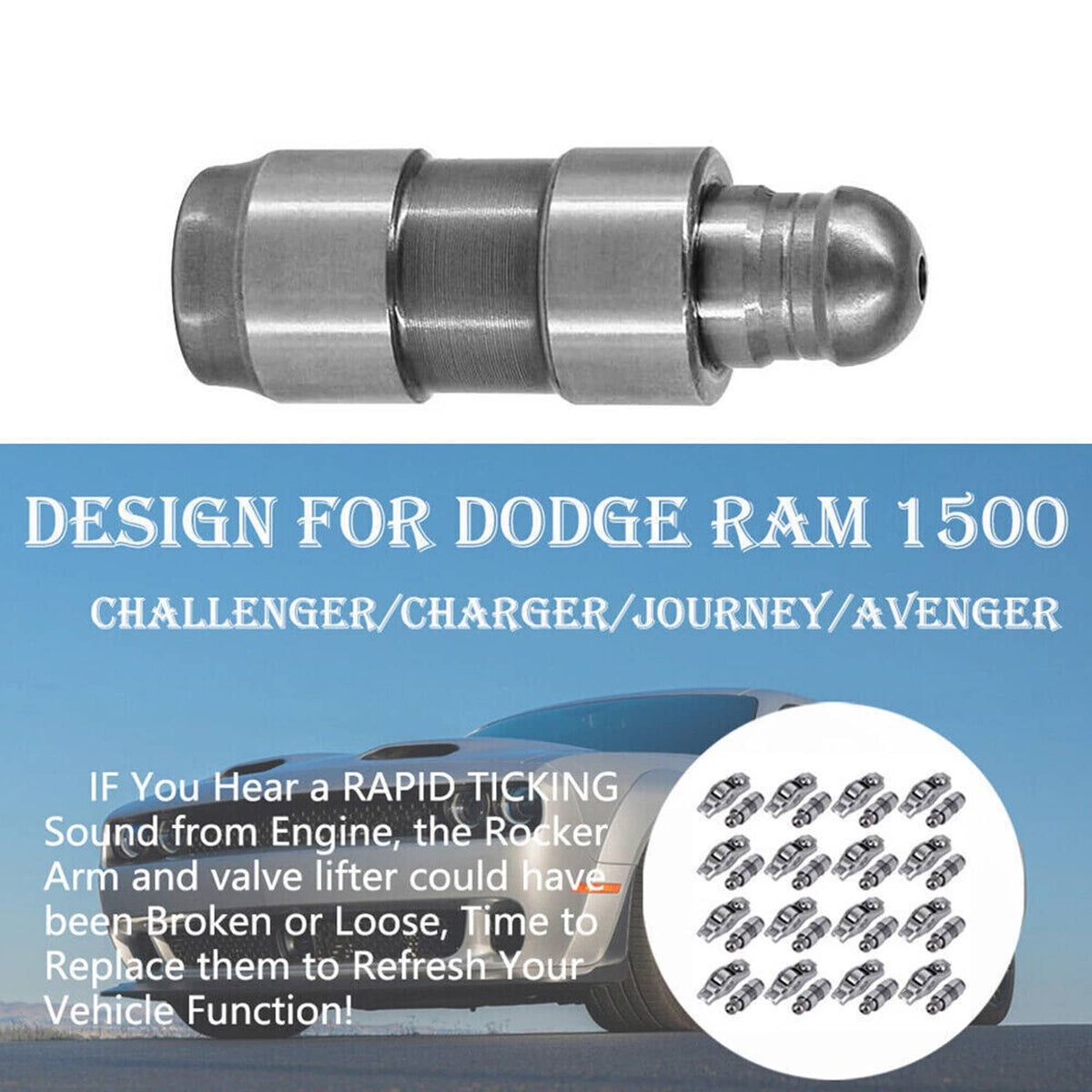 Valve lifter and rocker arm assembly, silver metal with rounded tappet tip
