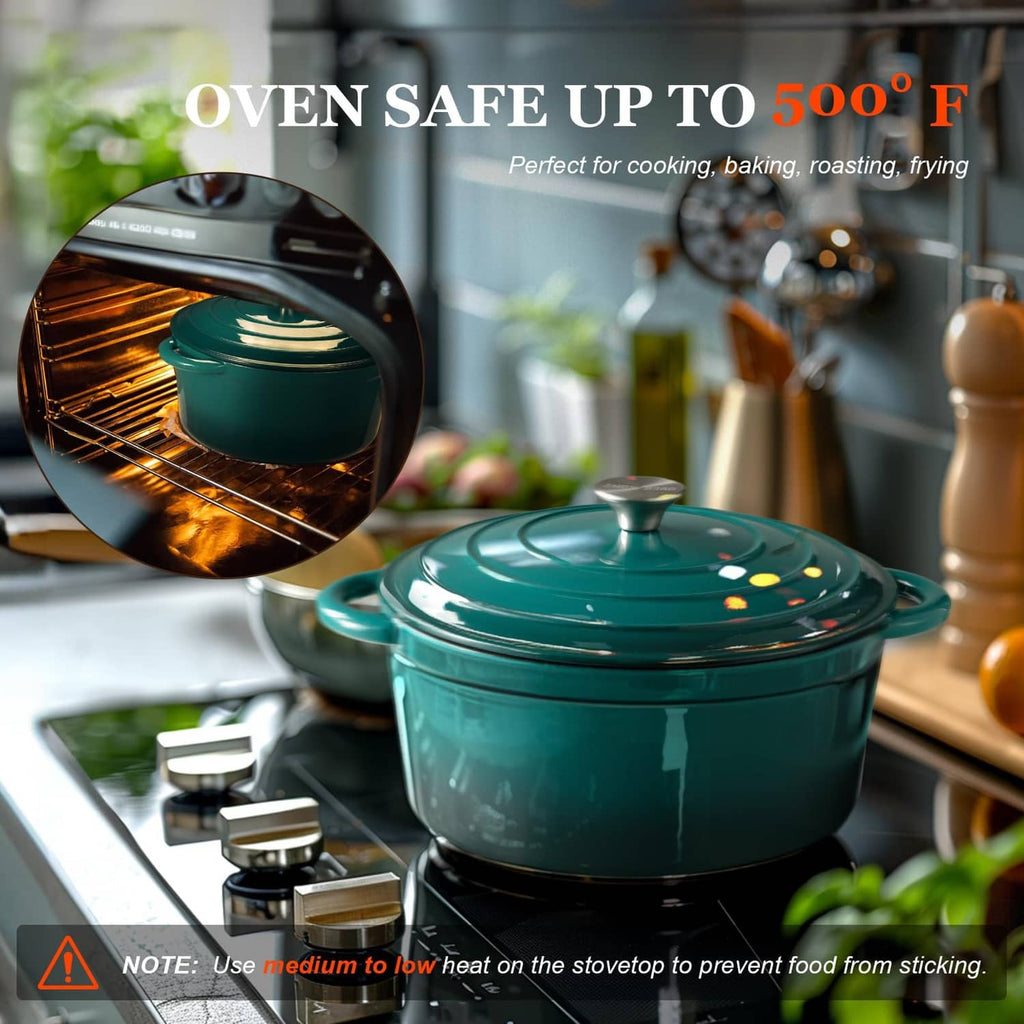 Bottle green enameled dutch oven on stove with black roasting rack