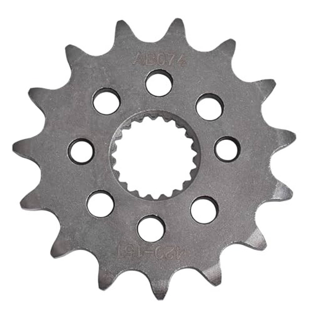 Steel front sprocket wheel with 15 teeth, central hub spline, and 6 mounting holes