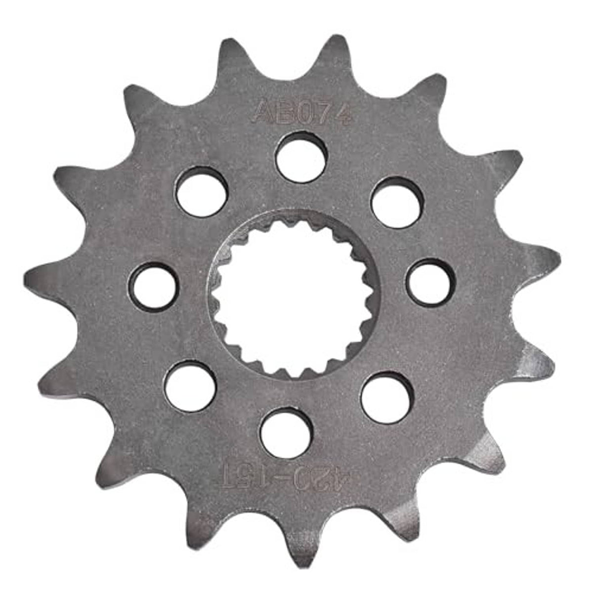 Steel front sprocket wheel with 15 teeth, central hub spline, and 6 mounting holes