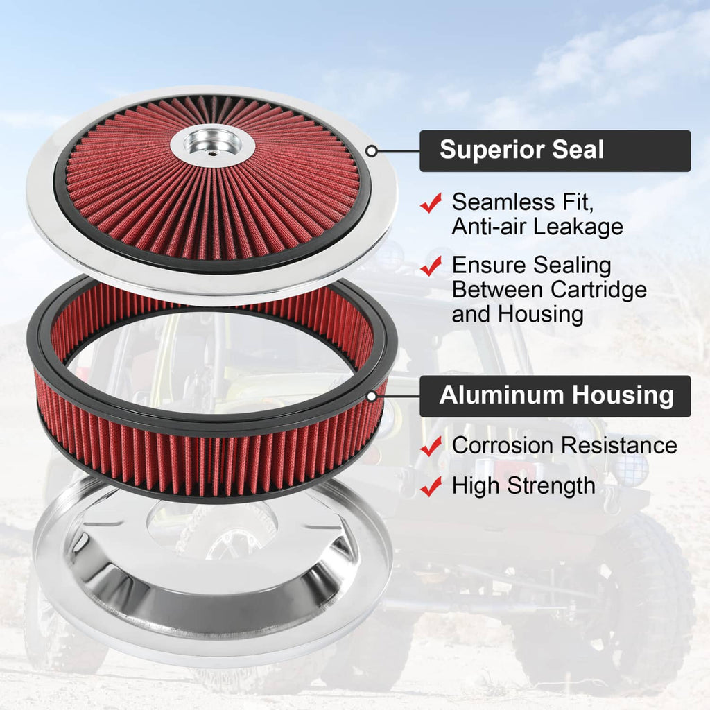 Round red air cleaner filter with aluminum housing, seal gasket, and chrome top cap.