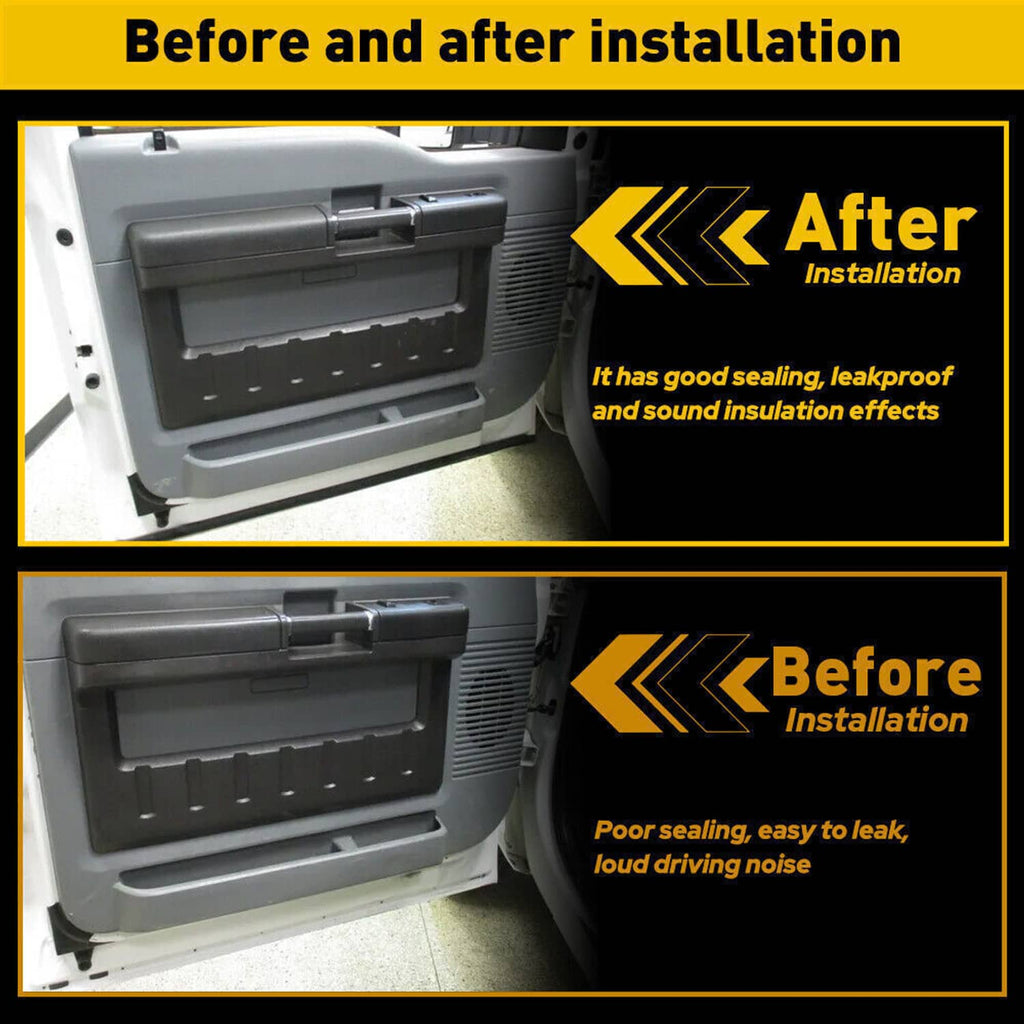Interior door panel area with black weatherstrip seal installed for coverage