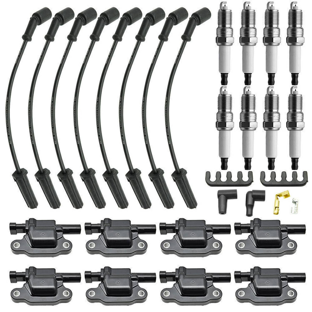 Ignition coil and spark plug kit with black spark plug wires and four coils