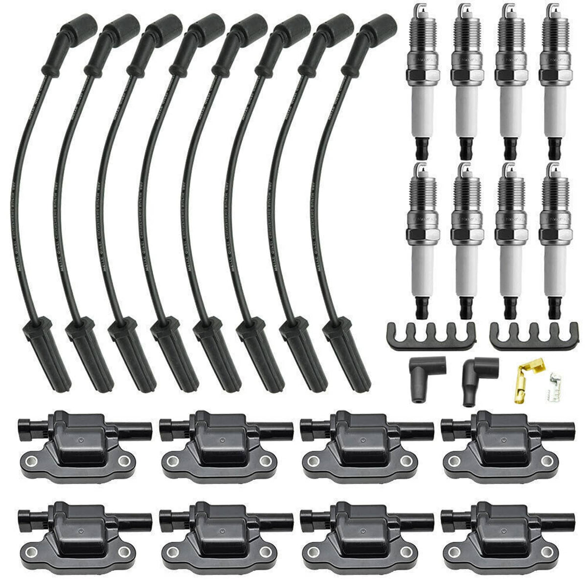 Ignition coil and spark plug kit with black spark plug wires and four coils